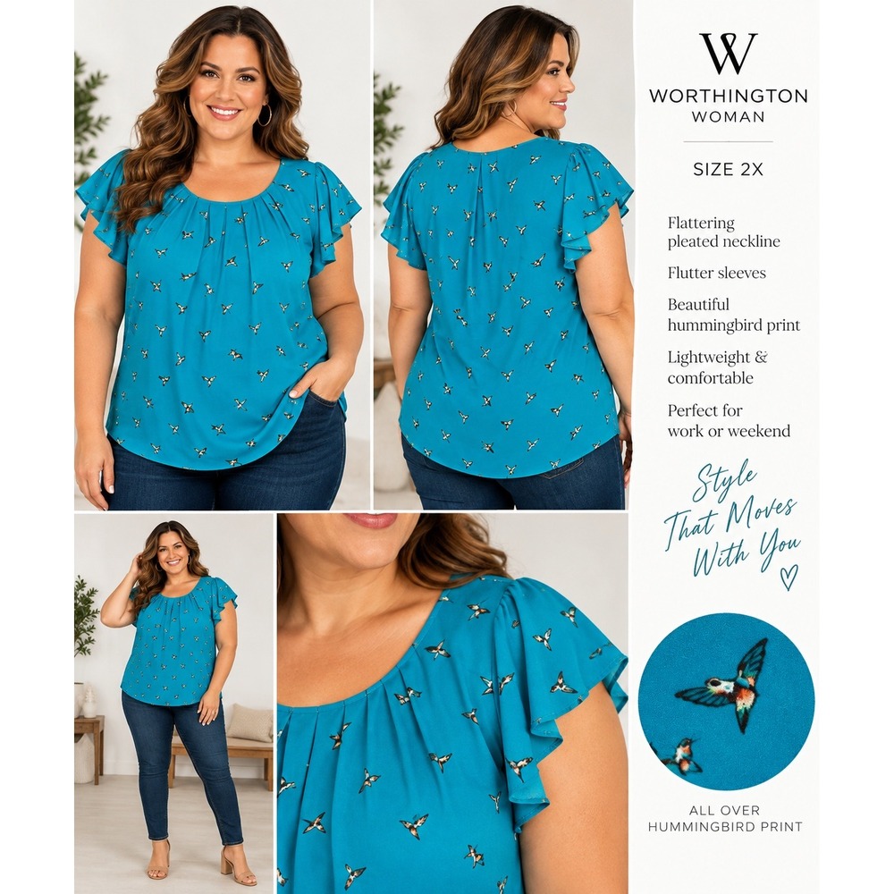 Worthington Woman Teal Hummingbird Print Pleated Flutter Sleeve Blouse 2X NWT